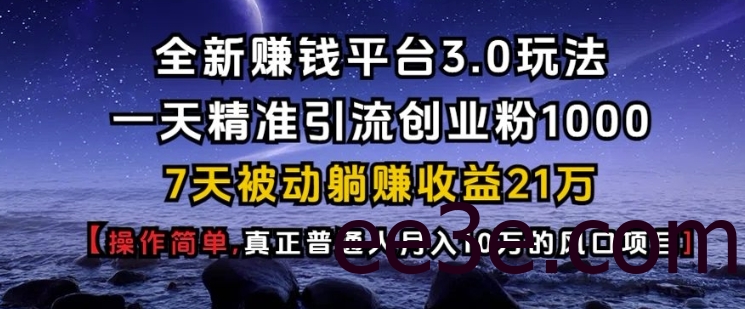 全新*3.0玩法一天精准引流创业粉1000.7天被动躺Z收益21W【仅揭秘】