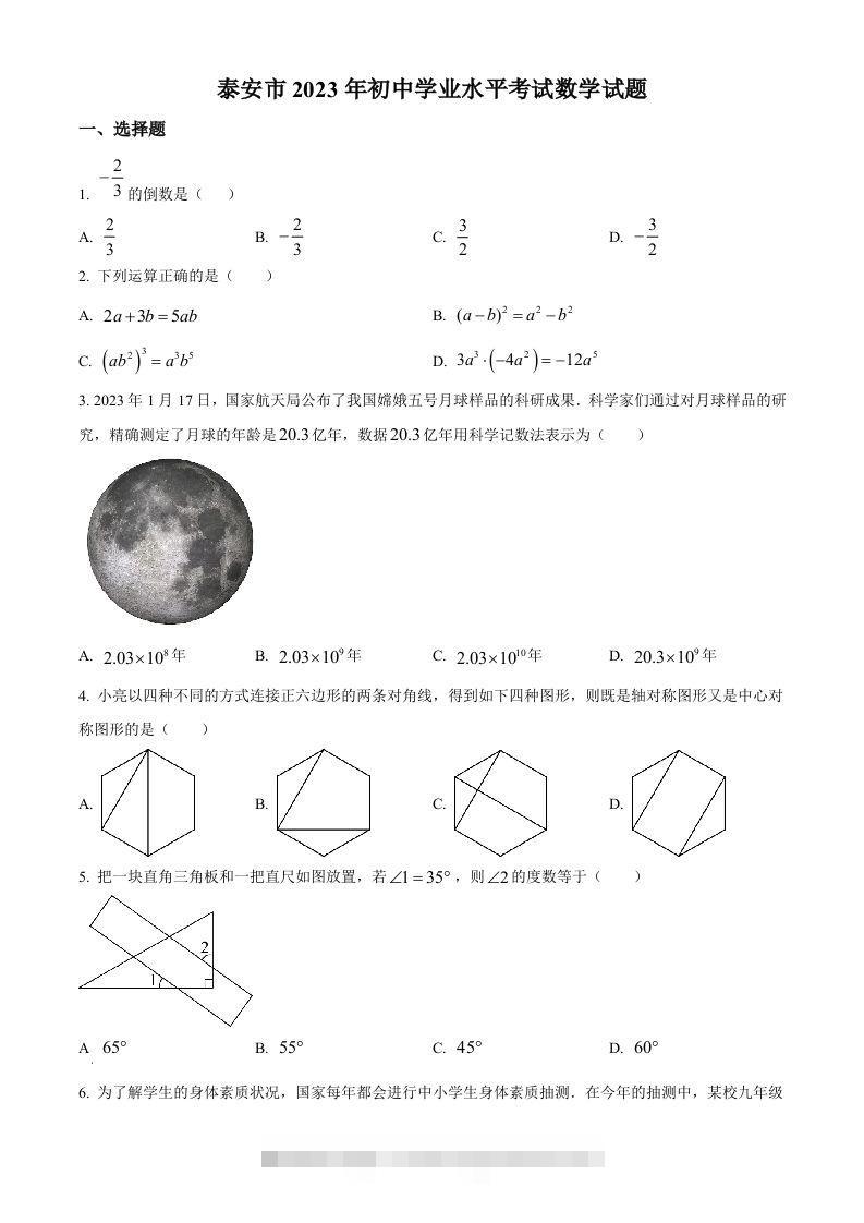 2023年山东省泰安市中考数学真题（空白卷） 此内容为付费资源，请付费后查看 ￥9.9￥29.9 VIP免费 SVIP免费 登录购买